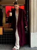 Elegant Burgundy Buttons with Belt Long Coat