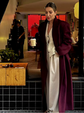 Elegant Burgundy Buttons with Belt Long Coat