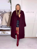 Elegant Burgundy Buttons with Belt Long Coat