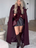 Elegant Burgundy Buttons with Belt Long Coat