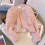 Elegant Jacket Pink Tweed Buttons Up Cardigan Coat