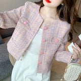 Elegant Jacket Pink Tweed Buttons Up Cardigan Coat