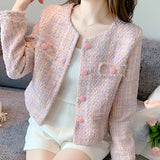 Elegant Jacket Pink Tweed Buttons Up Cardigan Coat