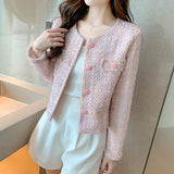 Elegant Jacket Pink Tweed Buttons Up Cardigan Coat